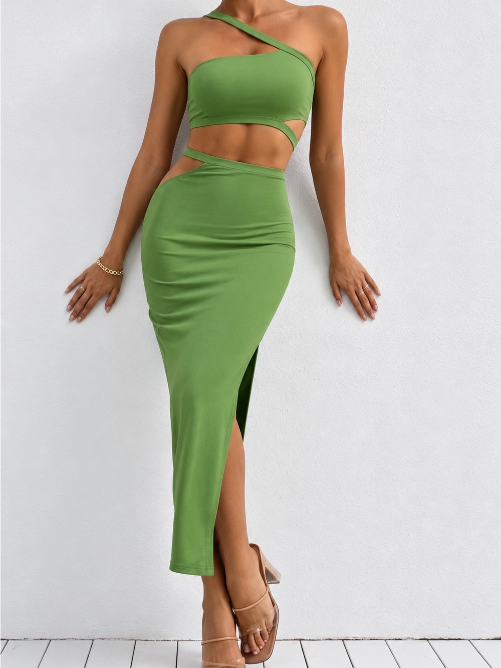 Asymmetrical Fitted Ribbed Cutout Maxi Slit Skirt Two Piece SET in Green Small